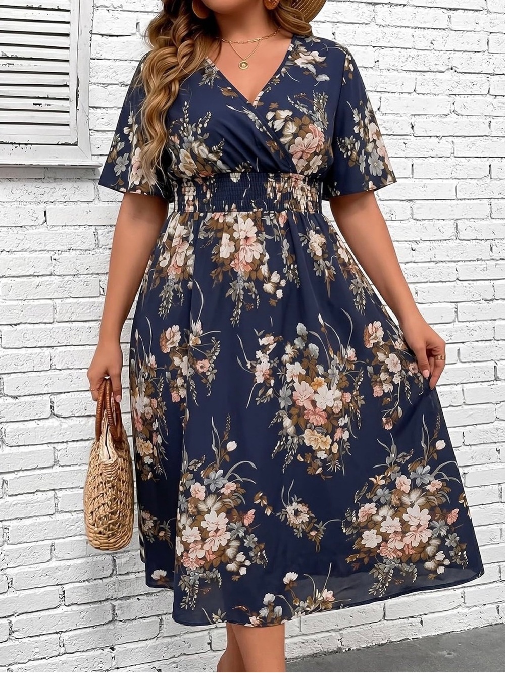 Amazon Navy Floral Wrap Midi Dress with Smocked Waist